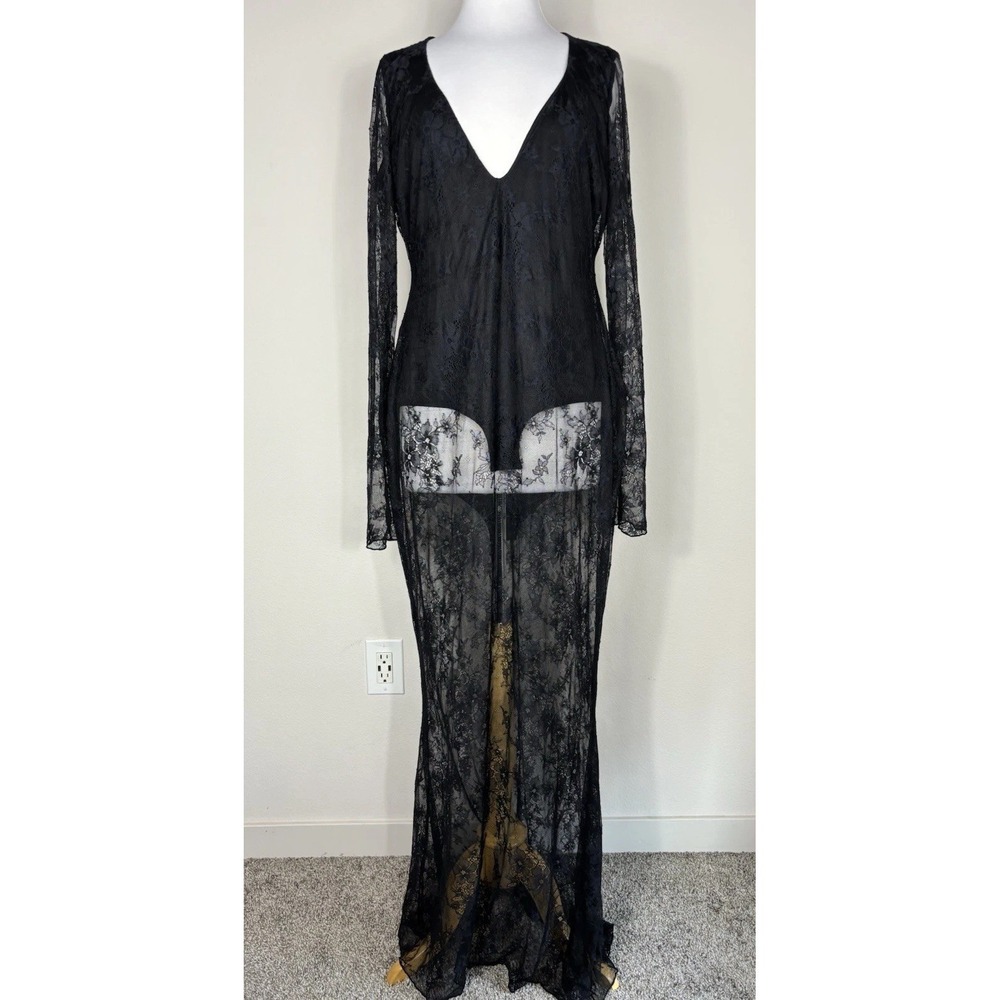 Skims Ultra Fine Lace Plunge Long Sleeved Maxi Dress Onyx Sz 2X Sexy Edgy Dark - Picture 7 of 10